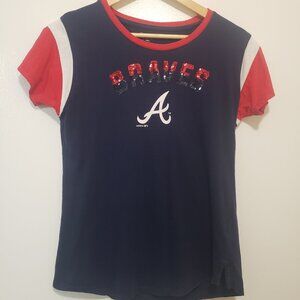 Atlanta Braves Sequin Logo T-Shirt Red Sleeves Blue Body (Gen2 Genuine Merchandi